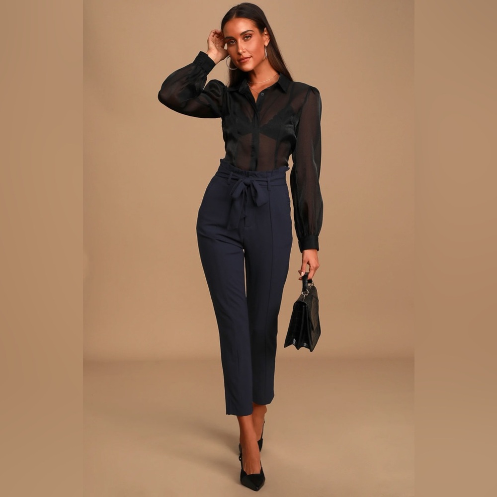 [HEMMED] Lulus Set Your Goals Navy Blue Paper Bag Waist Pants, in Small (2P)